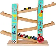 TOWO Pure Wooden Car Ramp - Zig Zag Car Slide Run with 4 Wooden Cars Playsets-Click Clack Track Toys for Toddlers -Racing Car Toys for Kids Boys Girls 1 2 3 4