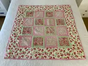 Handmade Patchwork Squares Cotton Quilt Pink / Red Floral Stripe 105 cm x 105 cm
