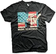 [MTV] Officially Licensed Distressed USA-Flag Mens T-Shirt (Black)