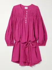 [Marant Étoile] Marant Étoile - Adeliani Belted Pintucked Smocked Cotton-blend Voile Mini Dress - Fuchsia - FR 38 FR 38 Pink