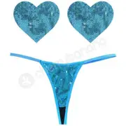 Neva Nude Mahi Mahi Blue Sequin G-string &amp; Heart Pastie Set
