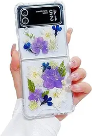 [MUNDULEA] Compatible with Samsung Galaxy Flip 4 Case Clear Dried Pressed Flowers Women Girls Soft TPU Shockproof Protective Phone Cover for Galaxy Z Flip 4 (White Green)