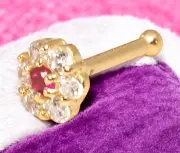 Solid 14k Gold mm Red Flower Nose Stud, Bone Nose Ring, 20g nose piercing, CZ