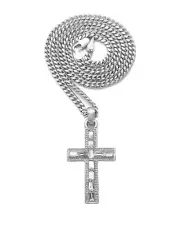 Iced Crystal Silver PT Cross Pendant & Box Cuban Rope Chain Hip Hop Necklace