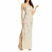 Aidan Mattox Deco Beaded Gown Light Gold 12 MSRP $395