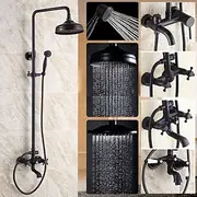 Antique Shower System Faucet Combo Set, 8 Rainfall Shower Head Kit with Handshower Wall Mounted, Brass Copper Black Electroplated Finish Vintage Style 2 Handle