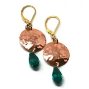 Copper Hammered Circle and Faceted Emerald Green Crystal Earrings