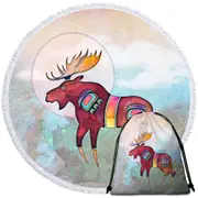 Native American Animal Art Painted Moose Round Beach Towel
