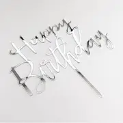 Happy Birthday Cake Topper, Acrylic Durable Versatile Cake Topper, Birthday Cake for Photo Booth Props, Birthday Party Decoration Ideas, Perfect Keepsake for your family and friends (Silver)