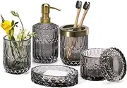 EMPO 6PCS Bathroom Glass Accessories Set (Lotion Soap Dispenser, Soap Dish, Toothbrush Holder, Tumbler, Cotton Swab Jar) Contemporary Modern Decor Crystal Clear Vintage Gift (6pcs Gray)
