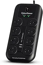 CyberPower 8 Outlet Power board with 2 USB charge port, Surge and Overload Protection, EMI and RFI Filtration, 2m Cable, On/Off switch and LED indicator, 2m lead for Home and Home Office