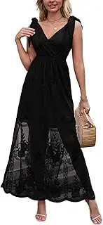[MERMAID'S CLOSET] Women's V Neck Tie Strap Embroidered Lace Maxi Wedding Dress Boho Sleeveless V-Back Wedding Guest Party Dresses