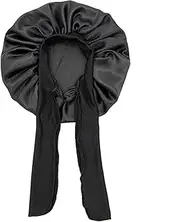 Black Silk Hair Wrap for Sleeping - Smooth Satin Sleep Bonnet with Stretch Bands, Anti-Frizz Cap for Overnight Care | Hair Protection Wrap for Women with Long, Thick, or Natural Hairs