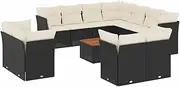 vidaxl Modular Garden Sofa Set 12-Piece Black Poly Rattan with Cushions and Storage for Patio/Terrace/Backyard