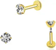 [DENI] 2 x Gold Coloured Tragus Labret Bars with 3mm Round Cubic Zirconia with Stunning Shine, 8mm Long Stem, Standard Thickness 1.2mm, 8mm Largo, Silver, No Gemstone, 8mm largo, Silver, No Gemstone