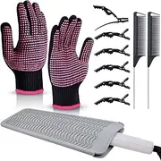 MORGLES Heat Gloves for Hair Styling, 2Pcs Professional Heat Resistant Gloves Silicone Heat Mat 6pcs Hair Clips and 2pcs Styling Comb for Curling Iron Wands Flat Iron