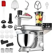 8-in-1 Stand Mixer,8L Fermentation Electric Kitchen Mixer, 6 Speed Tilt-Head with Stainless Steel Bowl and LED Display,1.5L Glass Jar, 1500w Food Mixers for Baking, with 3 Types of Mixers Silver