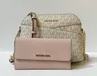 MICHAEL KORS JET SET TRAVEL DOME CROSSBODY BAG MK VANILLA PINK + TRIFOLD WALLET