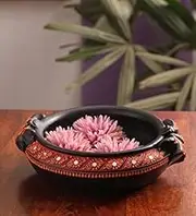 Shabana Art Potteries Handmade Earthenware Painted Decorative Flower Urli/Pot pourri (Dia - 6 inch(2 Pcs))