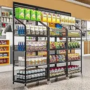 ALSTON Utility Storage Rack Shelving with Wheels & Hooks, 4 Tier Commercial Supermarket Shelf Display Rack Metal Shelving Unit Retail Store Grocery Shop Display Storage Rack Home Organizer Snack Rack
