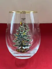 NEW SPODE CHRISTMAS TREE STEMLESS 4.5” WINE GLASS GOLD RIMMED
