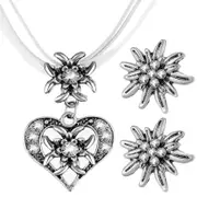 Edelweiss Necklace Earrings Set Heart Pendant Rhinestones Ribbon Rope Choker Traditonal Oktoberfest Party Jewelry Gift White