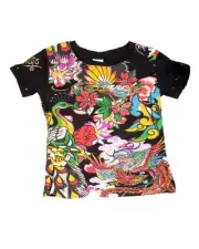 Super Cute Ed Hardy Girls Black Tee Shirt w/Birds Flowers Motif, Short Sleeve