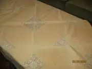 EMBROIDERED SQUARE 100% COTTON TABLECLOTH KHAKI COLOUR VINTAGE OLD STICHS 1950'