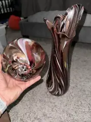 Signed Hand-Blown Glass Bob Meyer Ocean Beach Blowing Vase & Floating Glass Orb