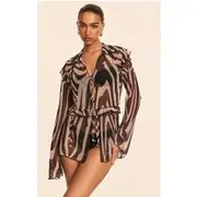 Black Zebra Printed Mesh Frilly Tie Front Beach Top, Black