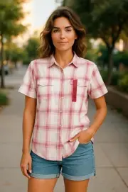 Eddie Bauer Ladies Short Sleeve Adventure Top, X-Large, Peach Starling Plaid