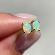 Oval Natural Australian Crystal Solid Opal Stud Earrings in 14k Yellow Gold