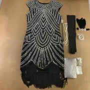 Women's XL Black Silver Sequin Fringe Flapper Dress & Accessory Set 9 Pieces NWT