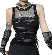 Adigau Damen Spitze Gothic Tanktop Y2K Crop Top Fishnet Vest Punk Schulterfrei Oberteil Sexy Steam Emo Grunge Outfit Dark Style Schwarz Party Nachtclub Streetwear