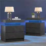LED Night Stand Set of 2 Bedside Tables with 2 Drawers Modern LED End Side Table