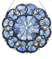 20" Tiffany Style Stained Glass Blue Round Floral Round Window Panel Suncatcher