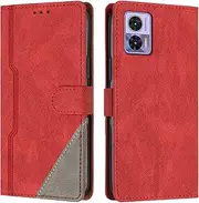 [XBS-Better] Case for Motorola Edge 30 Lite/Edge 30 Neo, Business Splicing Leather Magnetic Credit Card Holder Kickstand Wallet Cover Case for Motorola Edge 30 Lite/Edge 30 Neo-Red