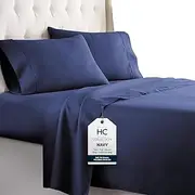 HC COLLECTION Bed Sheets Set Queen with 2 Pillowcases Hotel Luxury Brushed Microfiber Sheet w/Deep Pocket, Fade Resistant Ultra Soft Breathable Lightweight 4 Pcs Bedding Solid Color, Navy