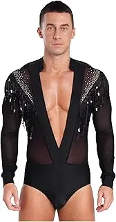 [Yhong] Mens One Piece Costume Bodysuit Long Sleeve Sparkly Rhinestsones Sequins Deep V Neck Jumpsuit