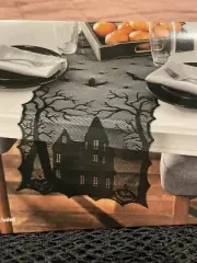 Hocus Pocus Celebrate Halloween Table Runner Black Lace Haunted House 72x13"