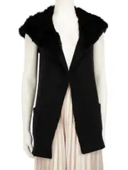 Black Wool Rabbit Fur Trim Vest