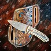 Handmade knife Pancake Sheath Western Style Tooled Leather CowBoy Gift for Him.