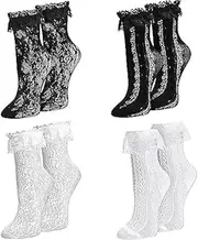 [CFHOOAY] Women's Mesh Socks, Women's Lace Ruffle Socks, Sexy Mesh Socks, Cute Princess Socks, Lolita Socks, Loose Socks, Slouch Socks for Women, Girls, Wedding, Goth, Halloween, black white, 10