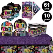 Back to the 80's Retro Theme Party Tableware 10 Guest Pack Plates Cups Napkins Tablecloth Loot Bags