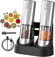 Electric Salt and Pepper Grinder Set, Dual in One Ceramic Grinder with Charging Base and 95ML Material Silo, 5 Adjustable Coarseness and LED Lights, Electric Duo Salt and Pepper Mills for Kitchen