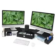 Dual Monitor Stand Riser w/ Drawer & Metal Leg, Large Black-Dual Monitor Riser
