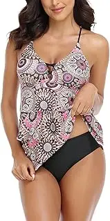 [Generic] Plus Size Swimsuits for Women Two Piece Sunflower Tankini Bathing Suits for Women Swimsuit Women Keyhole Ring Flowy Top with Boyshort Two Piece Swimwear Plus Bathing Suit (Pink, XXL)