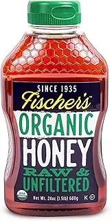 Fischer’s 100% Organic Honey, USDA Certified, 24 oz Squeeze Bottle – Pure, Unfiltered, Raw Honey – All-Natural Sweetener – Rich Flavor Profile, Natural Honey Packed with Nutrients