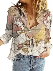 [kevazingo] Women's World Map 3D Print T-Shirt, Casual Loose Button UP Front Blouse Button-Up Shirt V-Neck Short Sleeve Casual Top