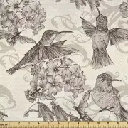 Nostalgic Flutter Fabric - Hummingbirds & Flowers, Monochromic Ornate Design for